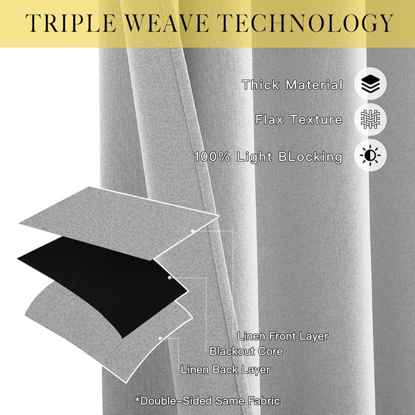 Grey triple weave blackout curtain with flax texture, revealing its light-blocking core.