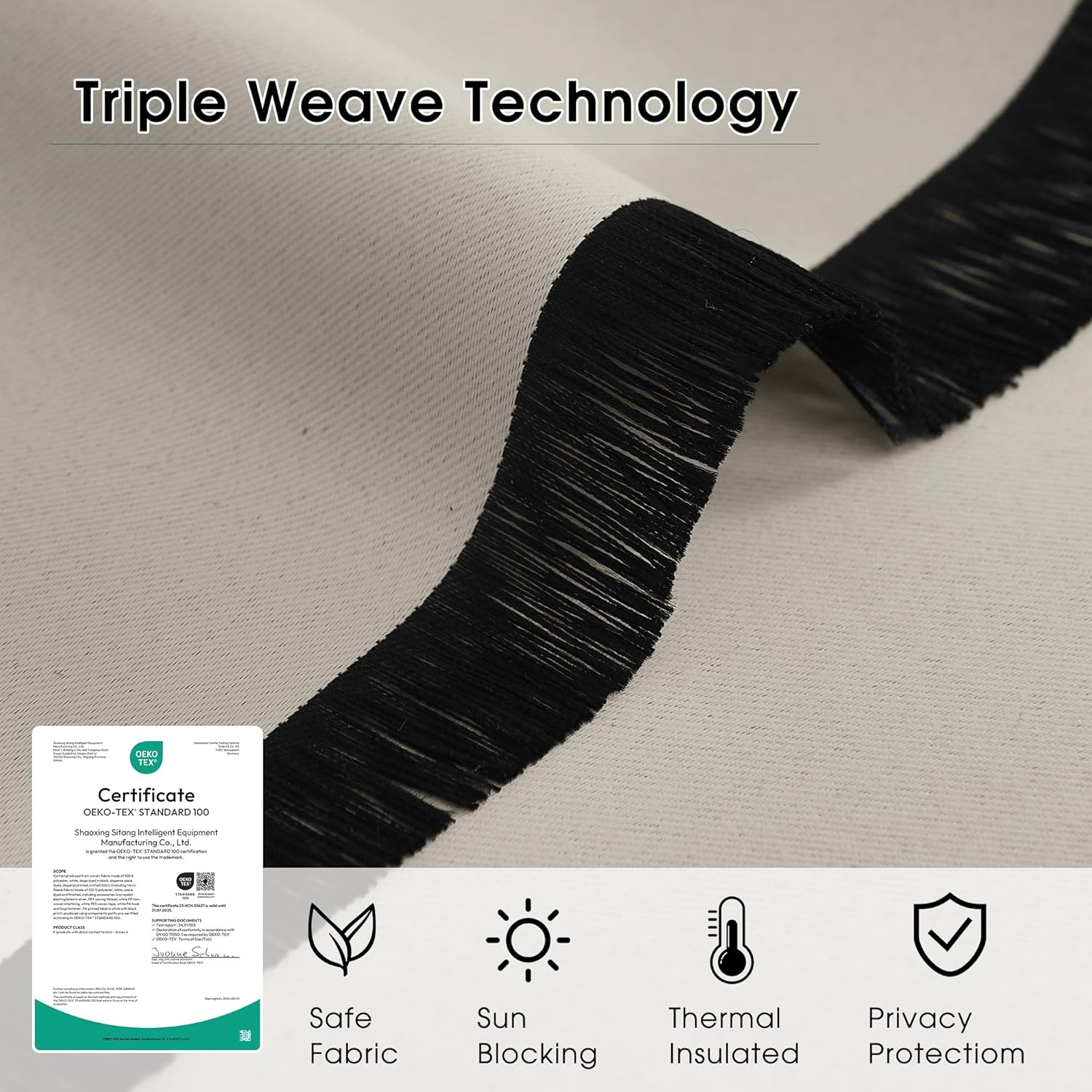 Close-up of off-white triple weave fabric, black fringe. Features sun blocking, thermal insulation, OEKO-TEX certified.