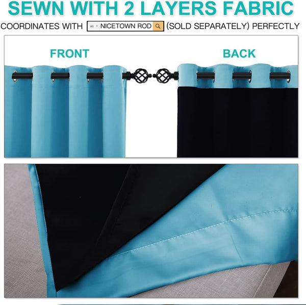 Turquoise blue grommet top curtains, showing the front and black two-layer fabric back lining for blackout.