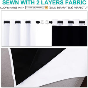 Modern black and white grommet top curtains displayed on a decorative rod. A close-up reveals the two distinct fabric layers.