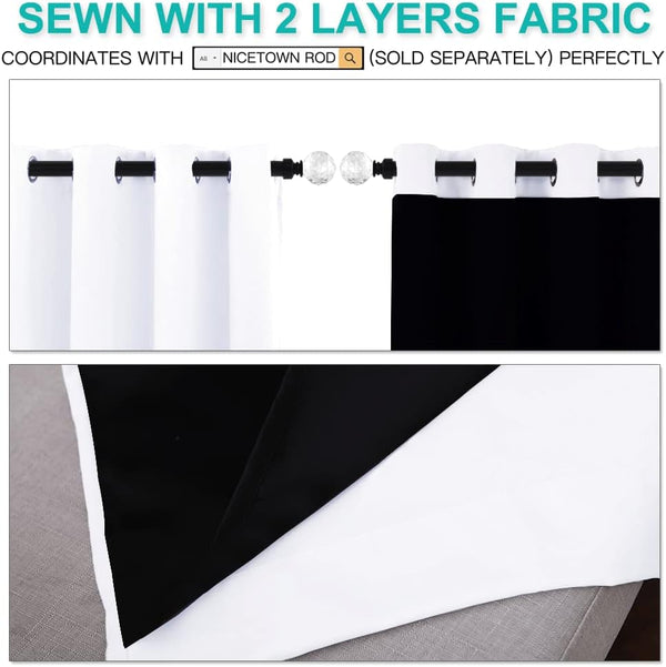 Modern black and white grommet top curtains displayed on a decorative rod. A close-up reveals the two distinct fabric layers.