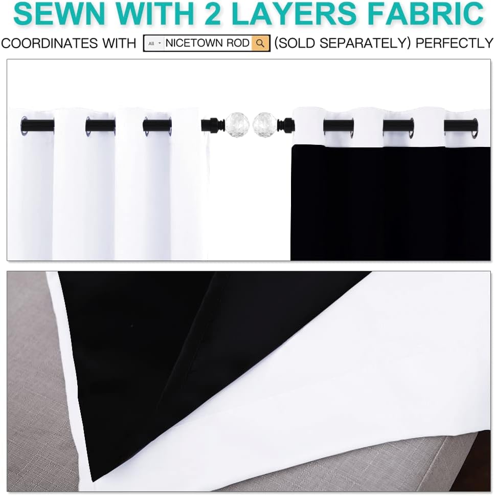 Modern black and white grommet top curtains displayed on a decorative rod. A close-up reveals the two distinct fabric layers.
