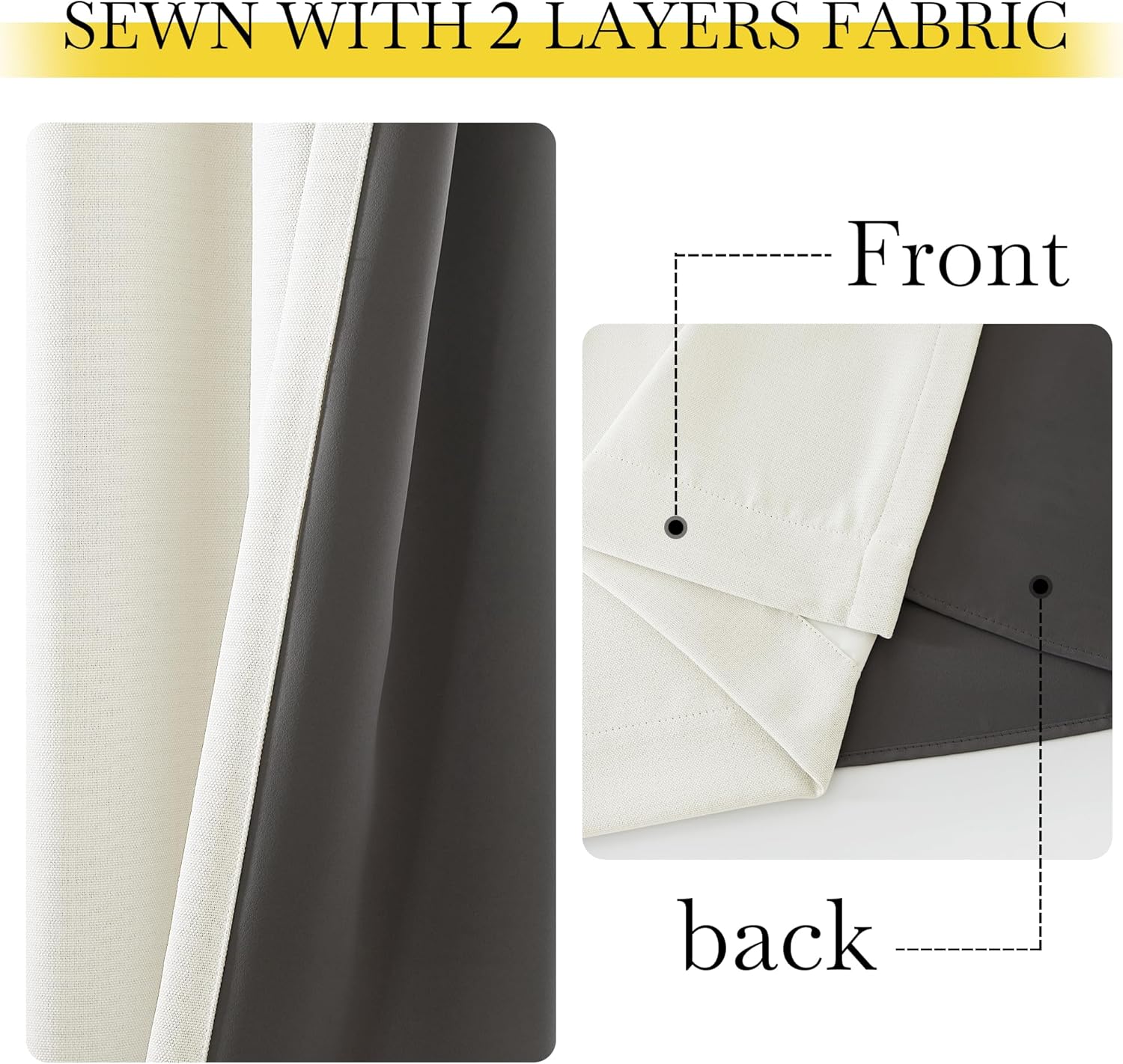 Cream textured curtain front and dark charcoal smooth back, showcasing the fabric's two-layer construction.