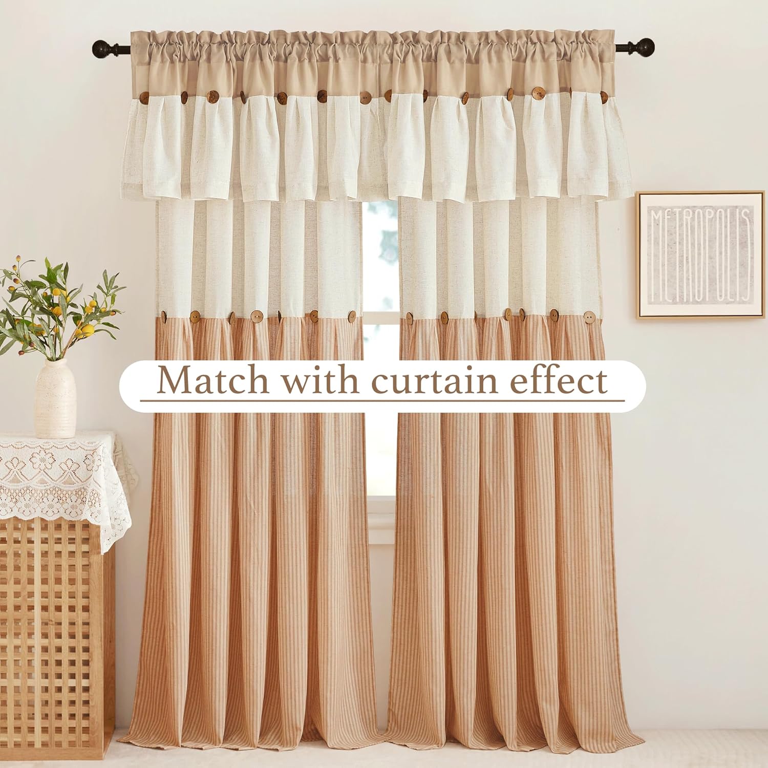 Beige and cream two-tone linen window curtains with a gathered valance and decorative wooden buttons.