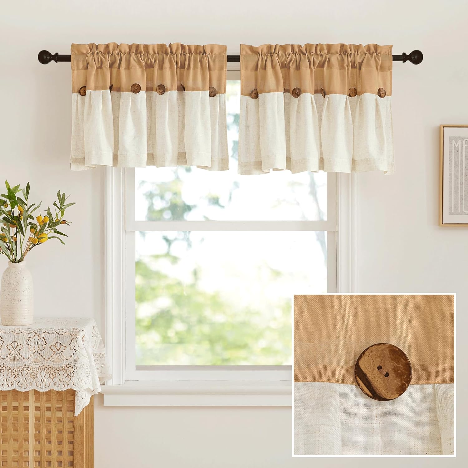 Rustic tan burlap and cream linen two-tone valance with decorative wooden buttons.