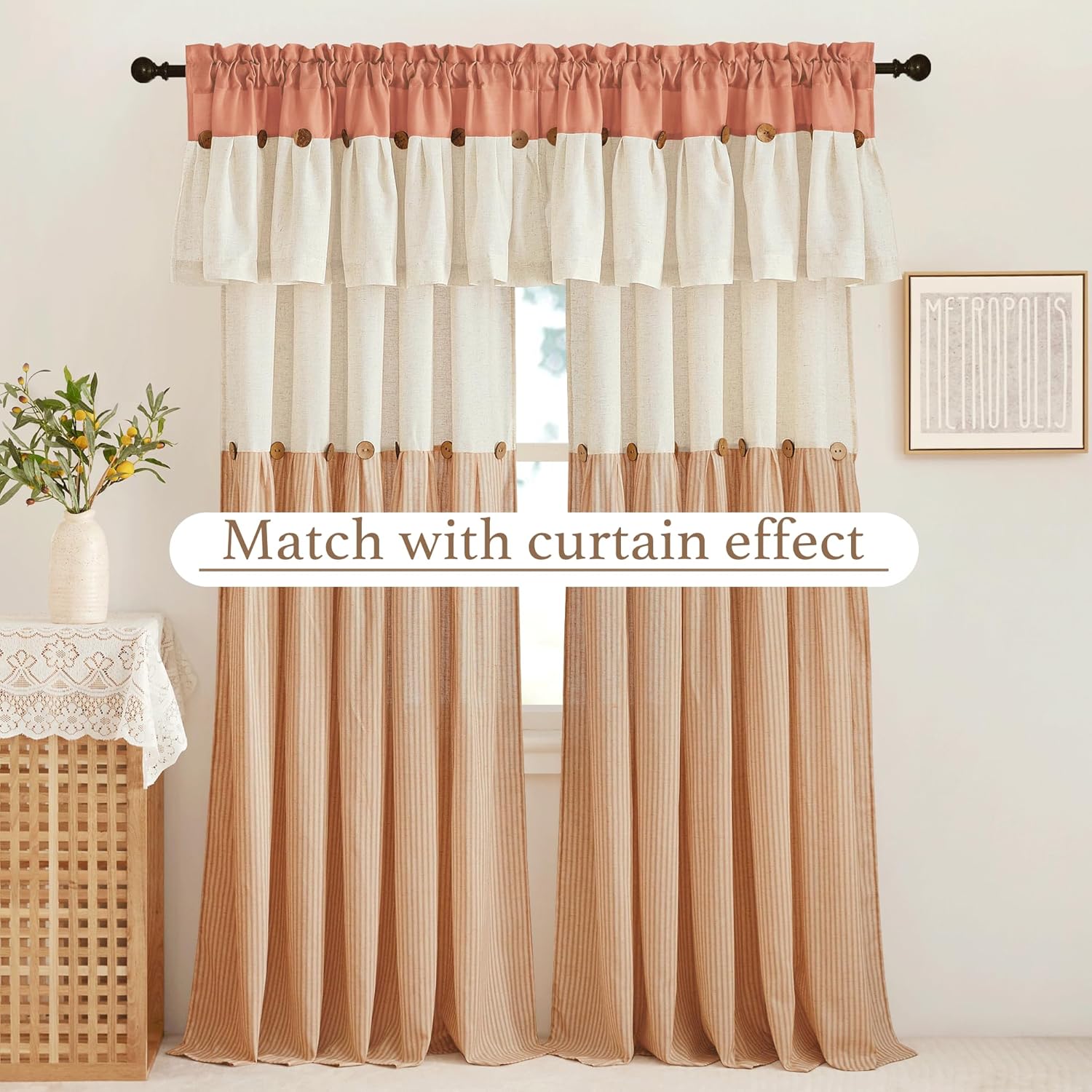 Two-tone peach and cream valance with wooden buttons over striped beige linen curtain panels.