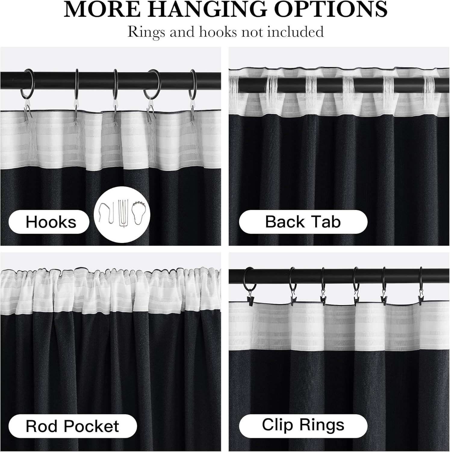 Versatile black and white curtain demonstrating four hanging options: hooks, back tab, rod pocket, clip rings.