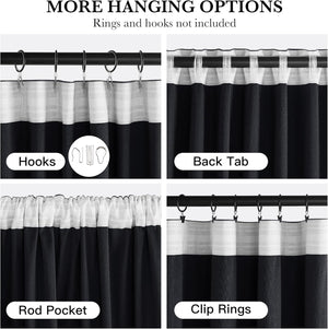 Versatile black and white curtain demonstrating four hanging options: hooks, back tab, rod pocket, clip rings.