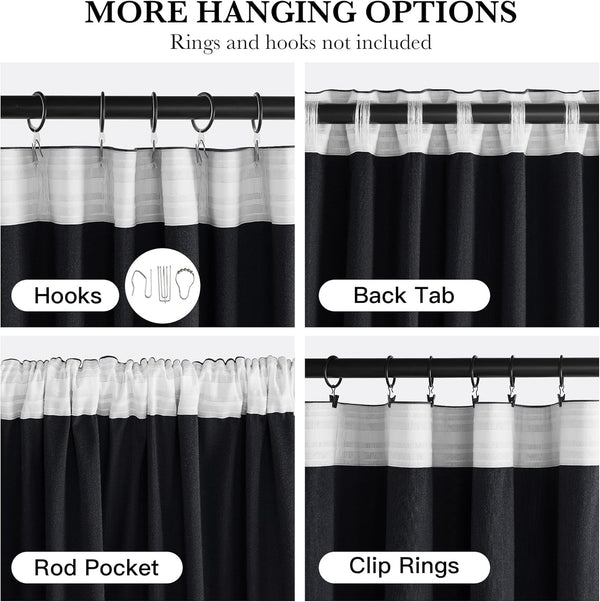 Versatile black and white curtain demonstrating four hanging options: hooks, back tab, rod pocket, clip rings.