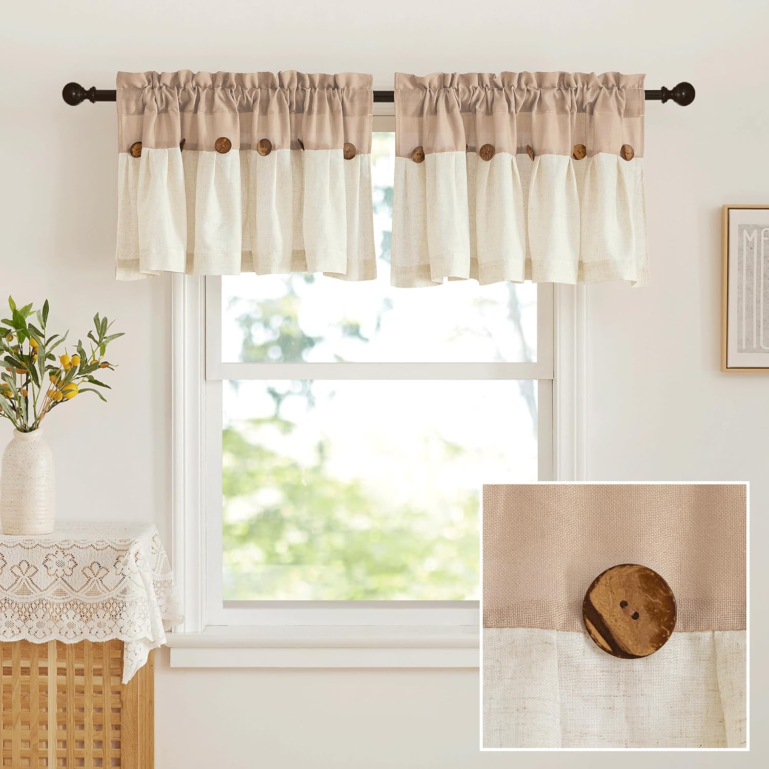Two-tone beige and off-white linen blend window valance with rustic wooden buttons and gathered rod pocket.