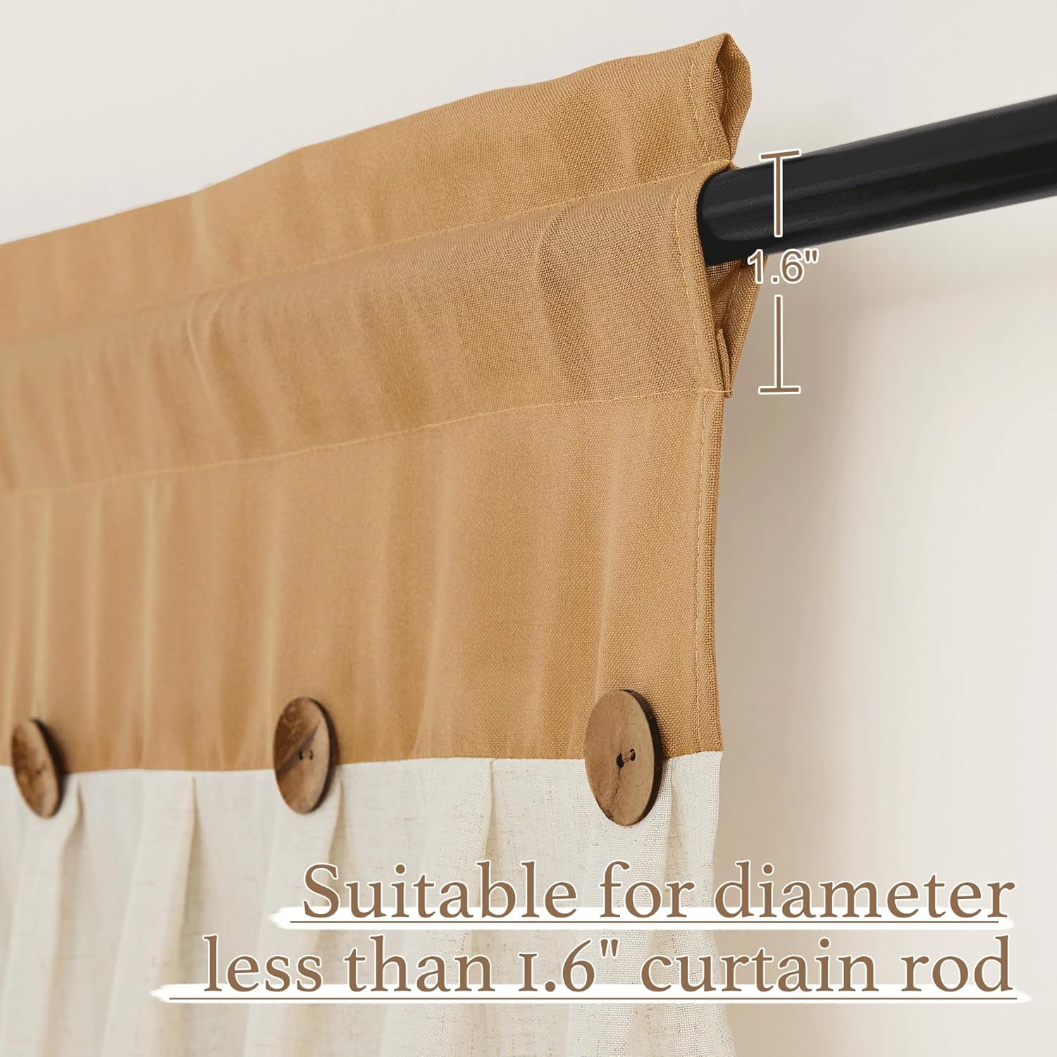 Tan and cream linen-blend curtain with wooden buttons. Rod pocket fits curtain rods under 1.6 inches.