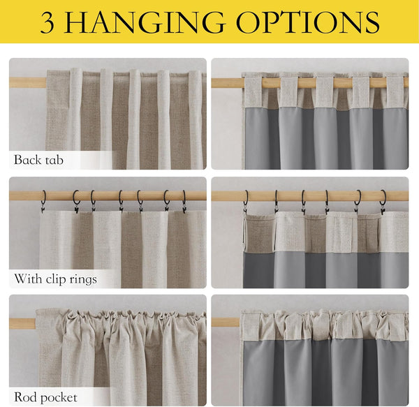 Beige and gray two-tone linen blend curtains showing three versatile hanging options.