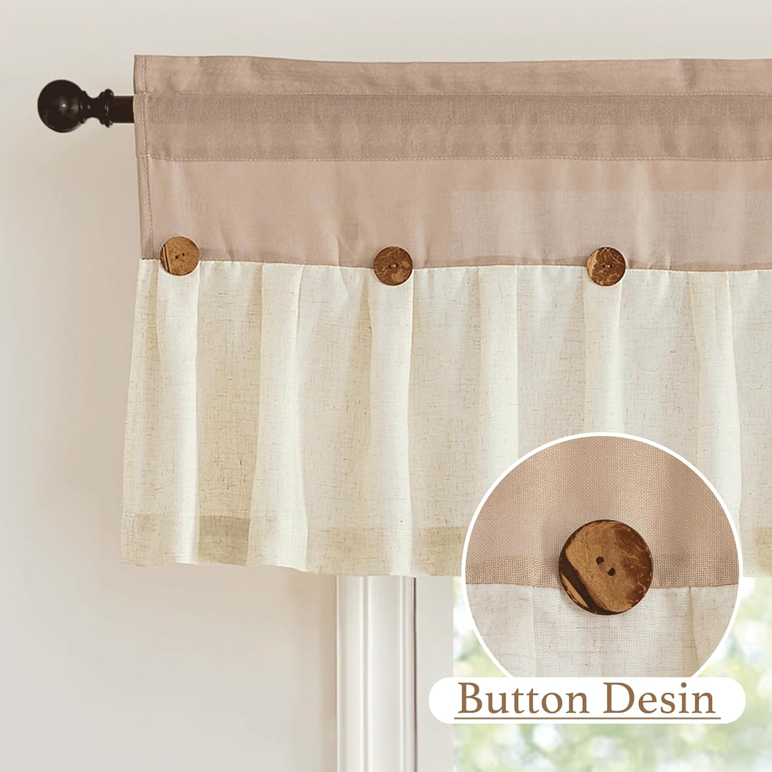 Tan and natural linen blend valance with decorative round wood buttons, hung on a dark curtain rod.