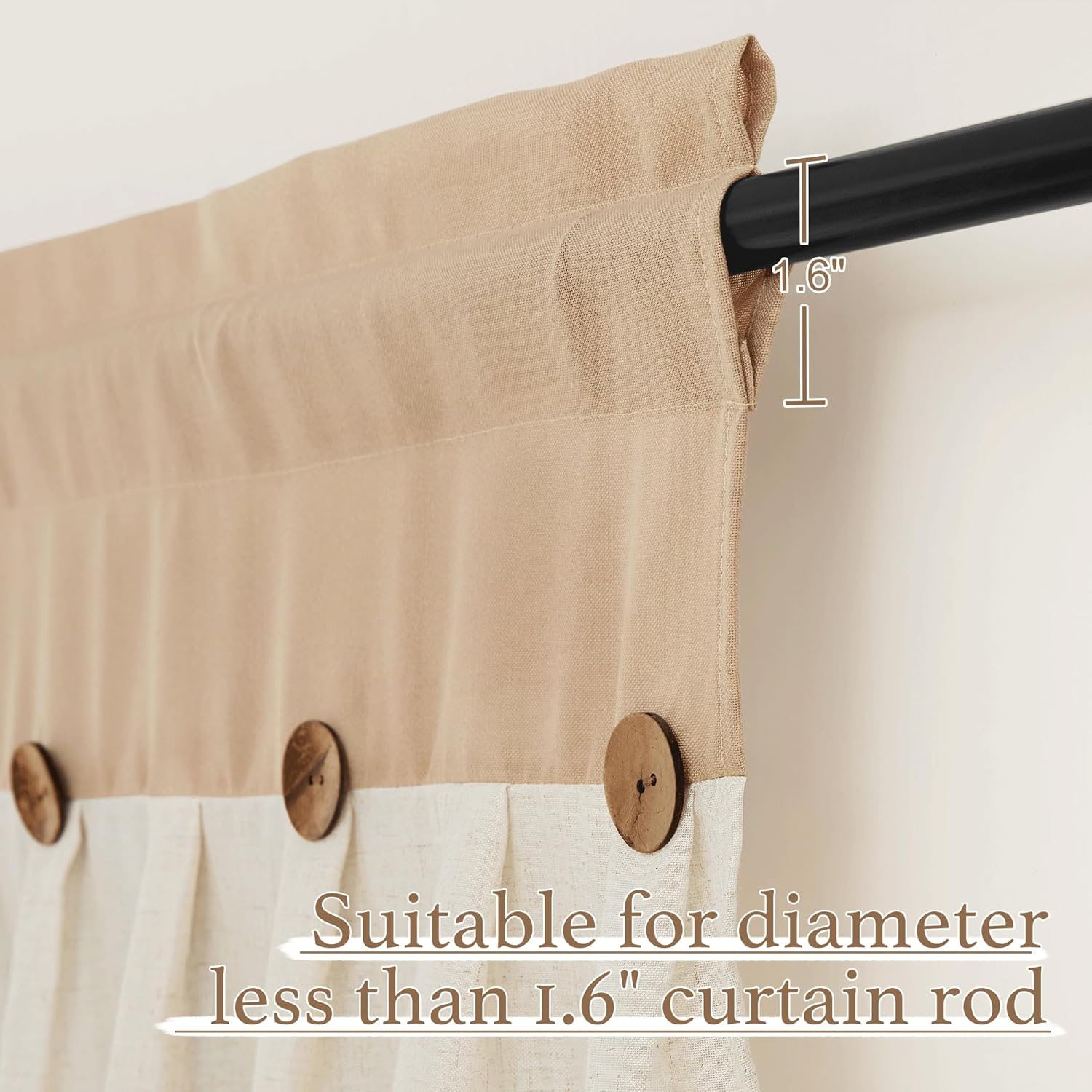 Close-up of a two-tone linen blend cafe curtain in beige and off-white with decorative wooden buttons. Fits rods under 1.6 inches.