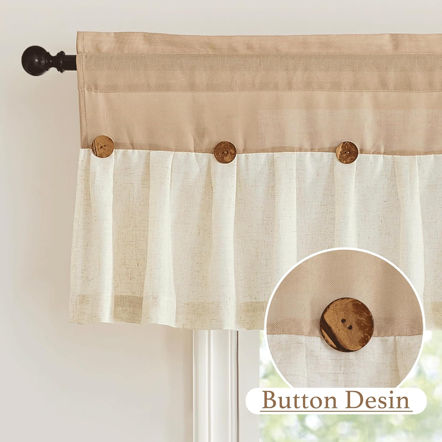 Rustic two-tone beige and cream linen window valance with decorative round wooden buttons, hung on a dark rod.
