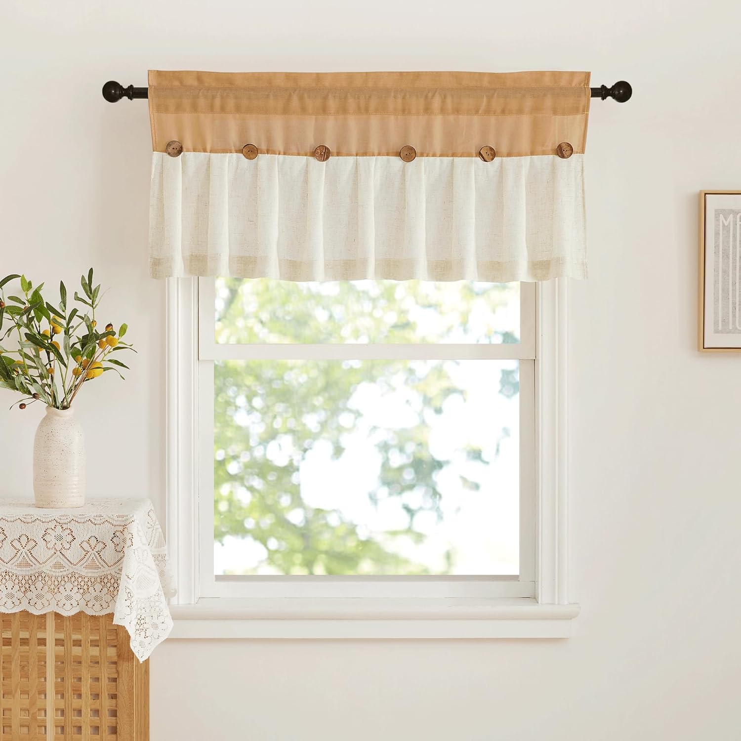 Rustic two-tone window valance with a tan top, cream linen fabric, and decorative wood buttons.
