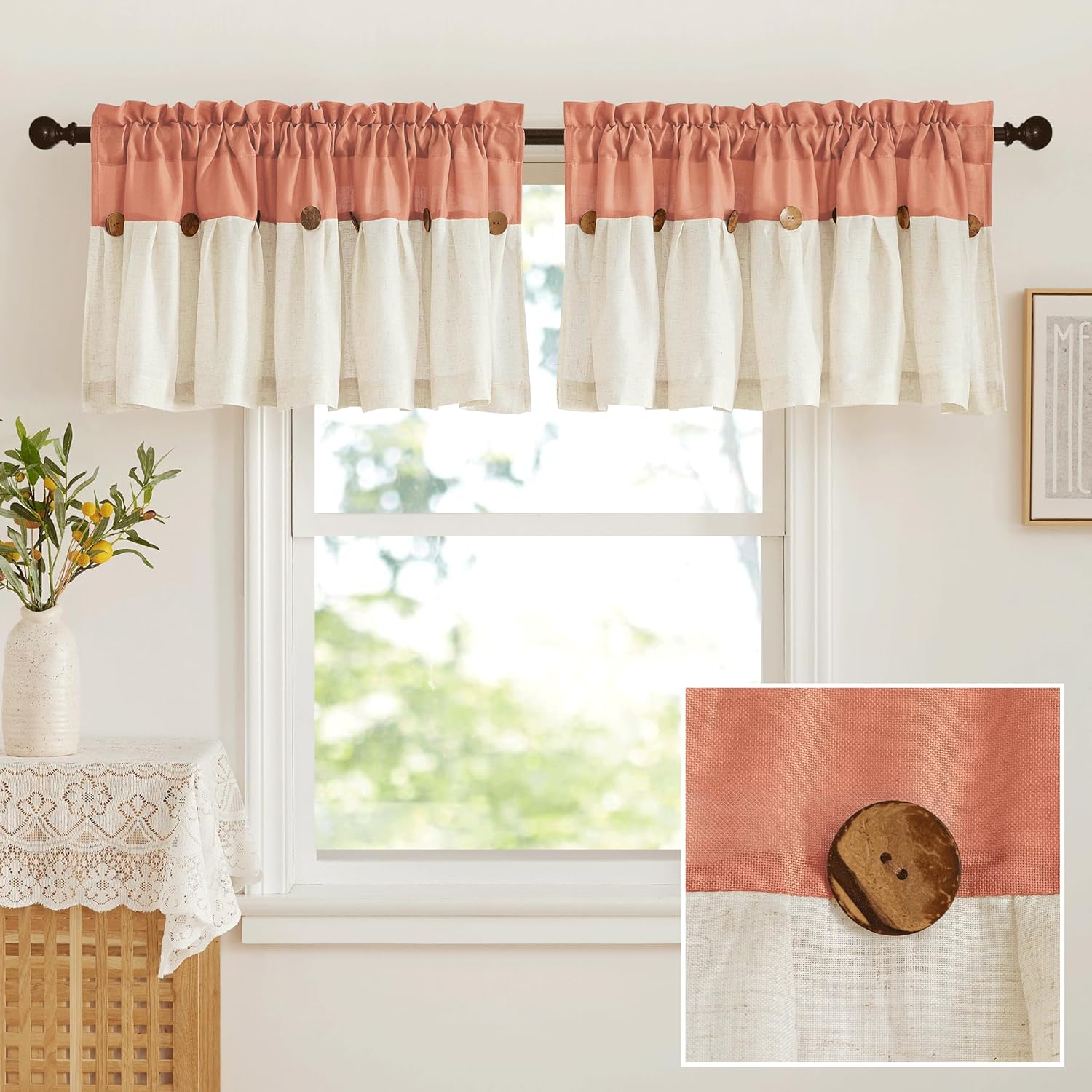 Rustic two-tone window valance with peach top, natural linen bottom, and decorative wooden buttons.