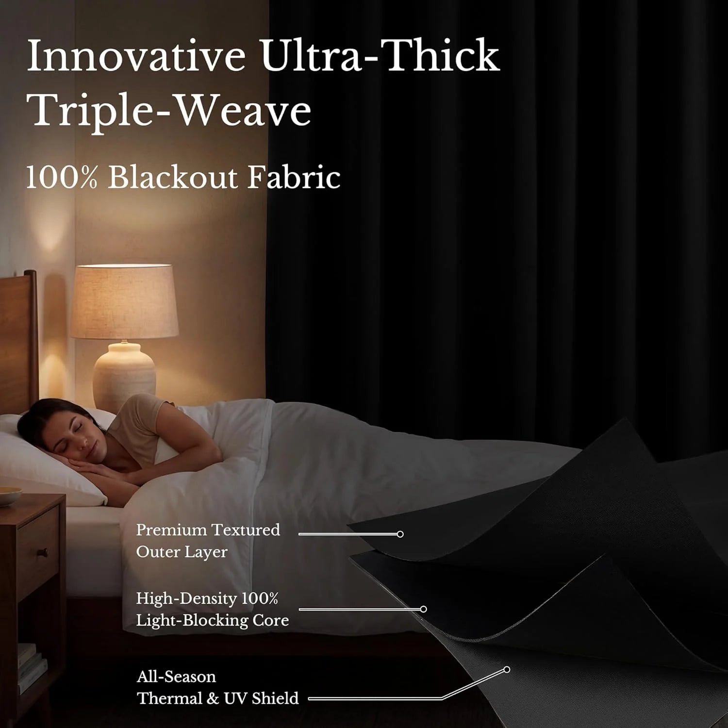 Woman sleeping soundly in a dark bedroom with a layered blackout curtain, showcasing fabric technology.