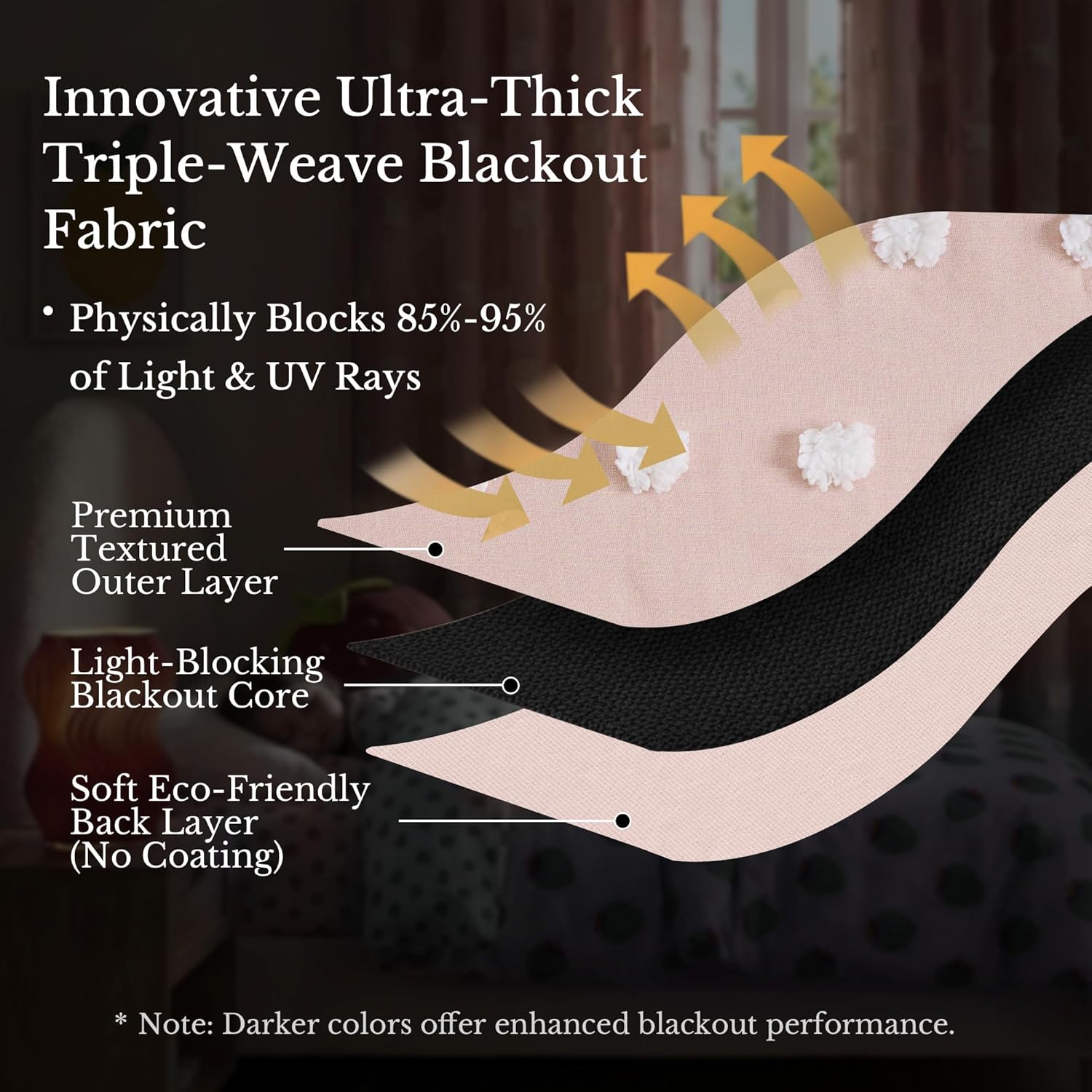 Triple-weave blackout fabric layers: textured pink outer, black core, and soft eco-friendly back.