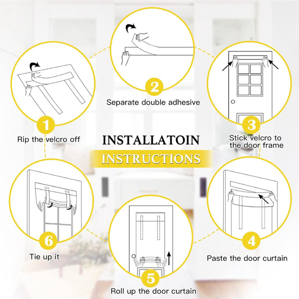 Six-step diagram showing how to install a door curtain with velcro adhesive and roll-up ties.