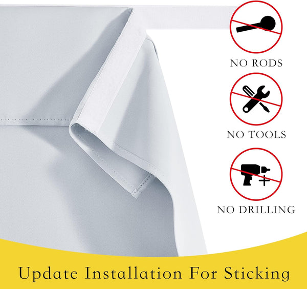 Close-up of light grey curtain fabric with white velcro strip for easy sticking, no-drill installation.