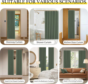 Dark green pleated curtain with grommet top, shown as a versatile room divider.