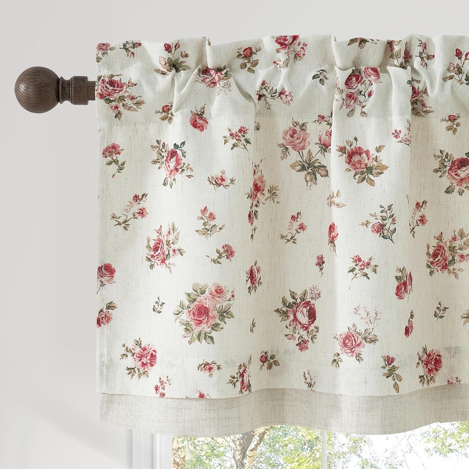 Off-white linen-blend valance with pink rose floral print. Rod pocket top and solid beige border.