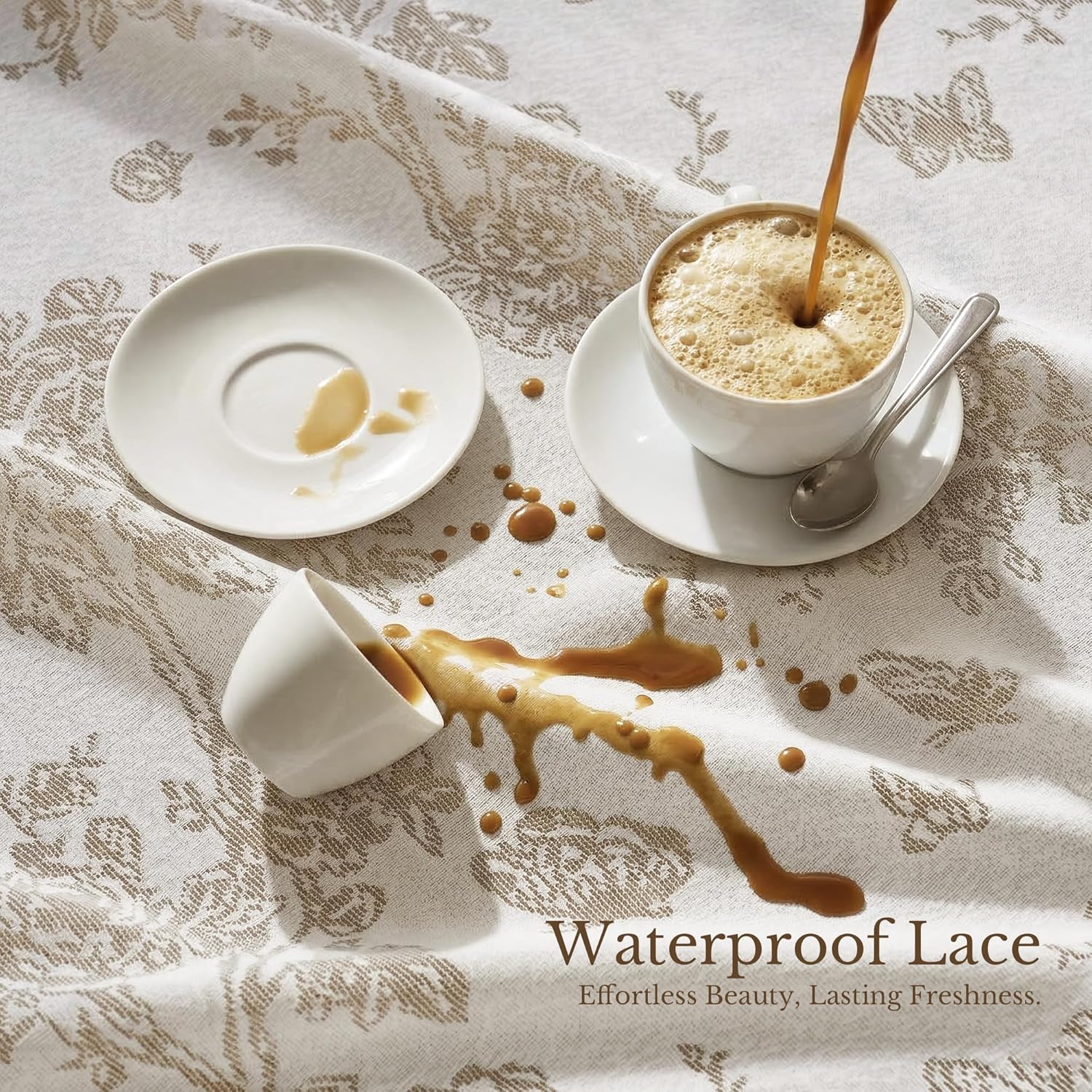 Waterproof beige lace tablecloth with an elegant damask pattern, repelling spilled coffee droplets.