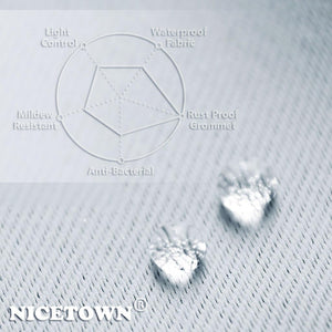 Waterproof curtain fabric with water droplets. Infographic shows mildew resistant, anti-bacterial features.