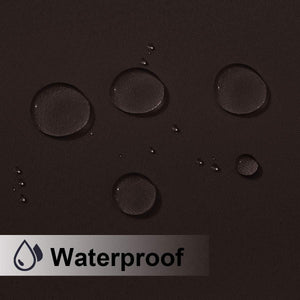 Close-up of dark brown fabric with water droplets beading on its surface, highlighting its waterproof quality.