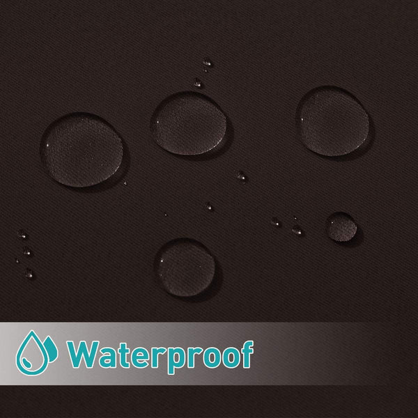 Close-up of dark brown waterproof fabric with water droplets visibly beading on the surface.