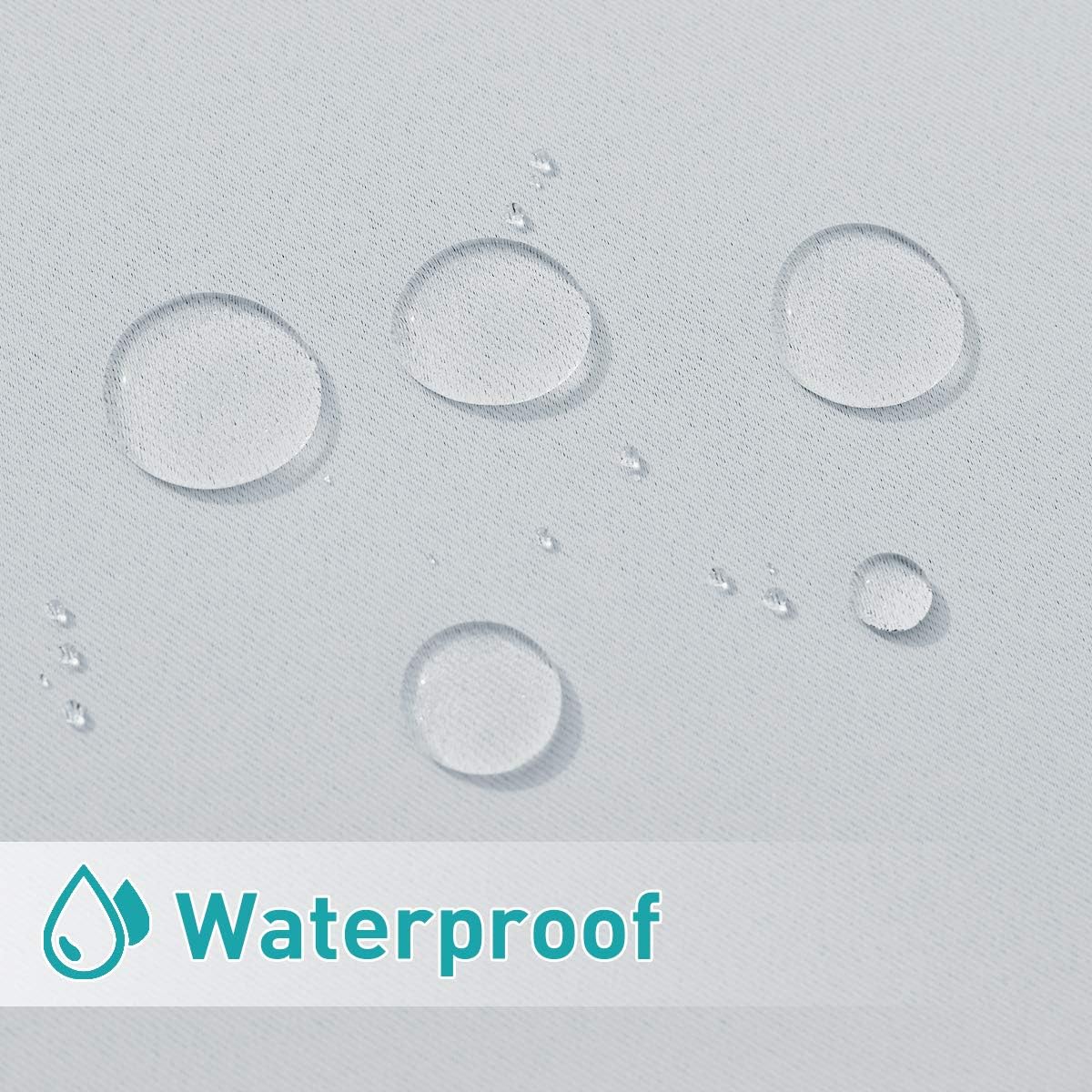Close-up of light gray waterproof fabric with water droplets beading on surface.