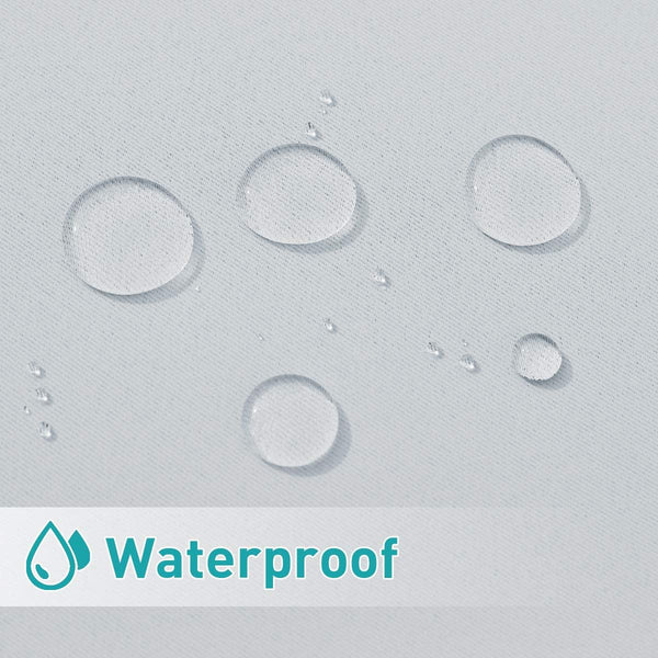 Close-up of light gray waterproof fabric with water droplets beading on surface.