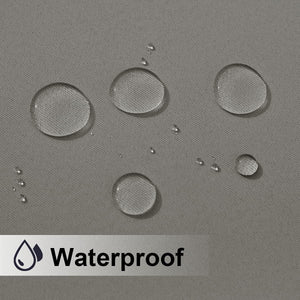 Close-up of grey waterproof fabric with clear water droplets beading on the surface, showcasing water resistance.