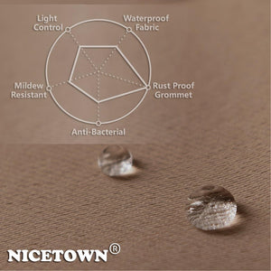 Beige fabric with water droplets. Features: waterproof, mildew resistant, anti-bacterial.