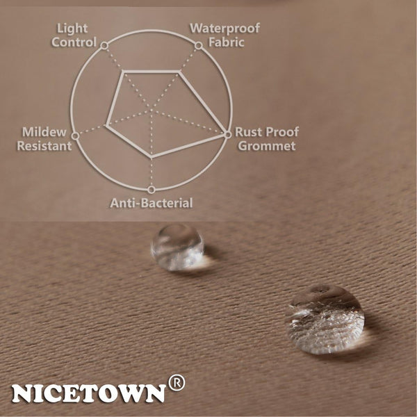 Beige fabric with water droplets. Features: waterproof, mildew resistant, anti-bacterial.