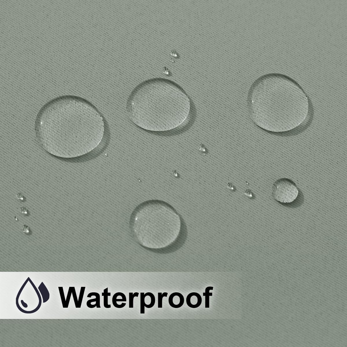 Close-up of sage green waterproof fabric with visible weave texture, showing water droplets beading on the surface.