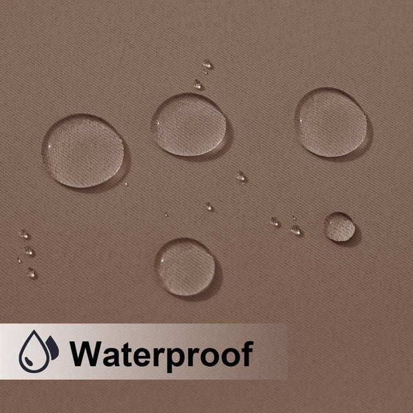 Close-up of tan waterproof fabric with water droplets beading, showing its textured, water-repellent surface.