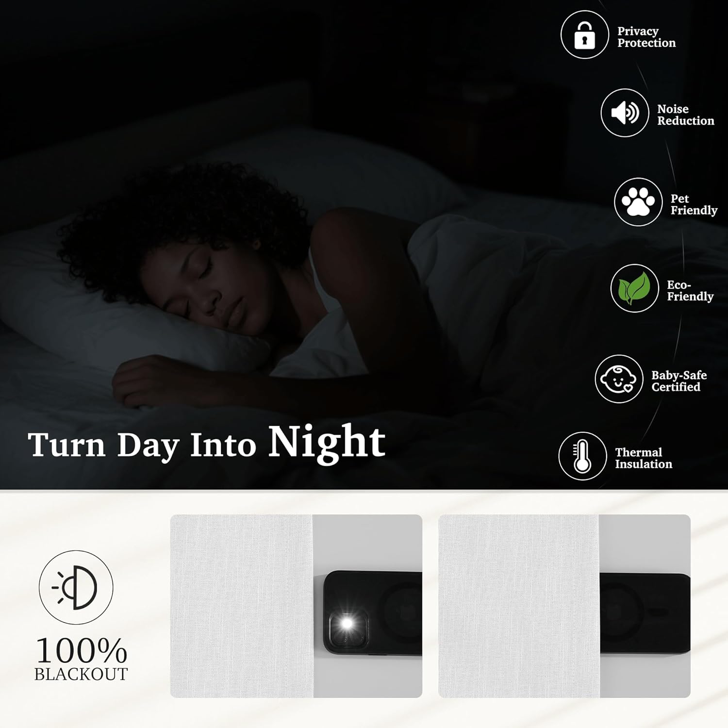 Dark room with sleeping person, showcasing 100% blackout window curtains for light control.
