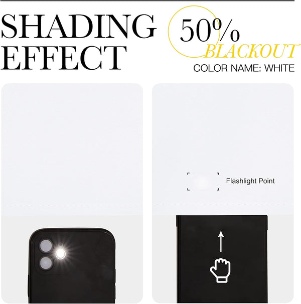 White 50% blackout fabric sample demonstrating partial light-blocking capabilities with a flashlight.