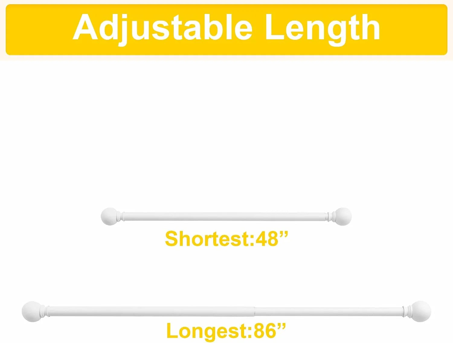 White adjustable curtain rod shown at 48-inch and 86-inch lengths on white background