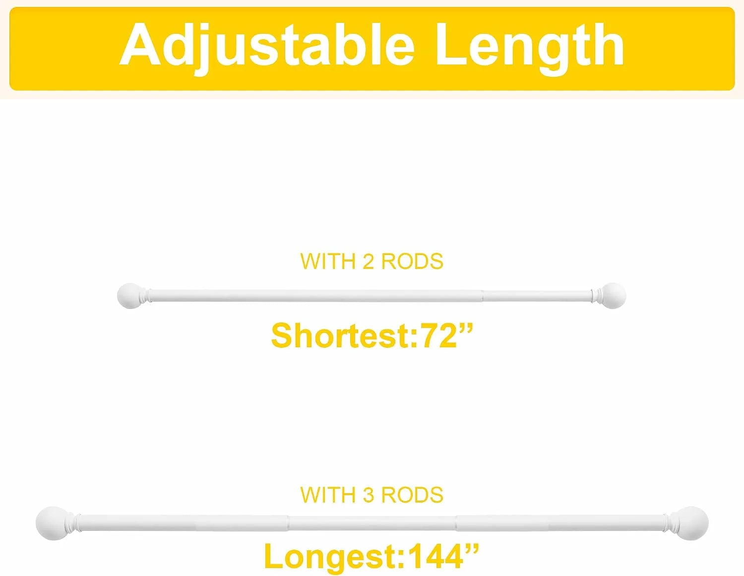 White adjustable curtain rod showing 72 to 144 inch length options