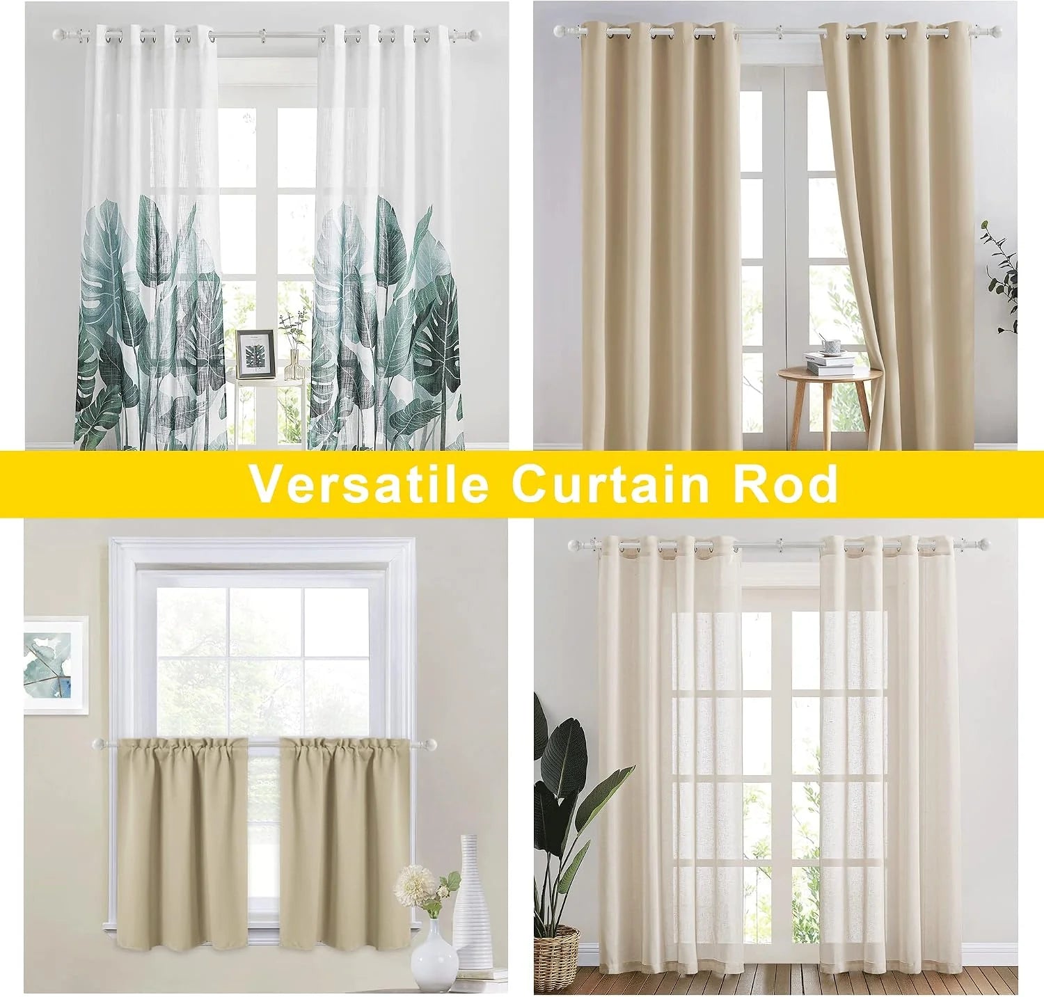 White adjustable curtain rod shown with sheer and blackout curtains in bright rooms