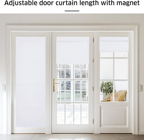 White adjustable magnetic Roman blinds on French door glass panels, offering privacy.
