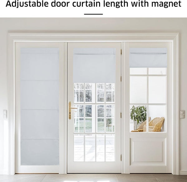 White adjustable magnetic fabric door shades on French door glass panels, providing privacy.