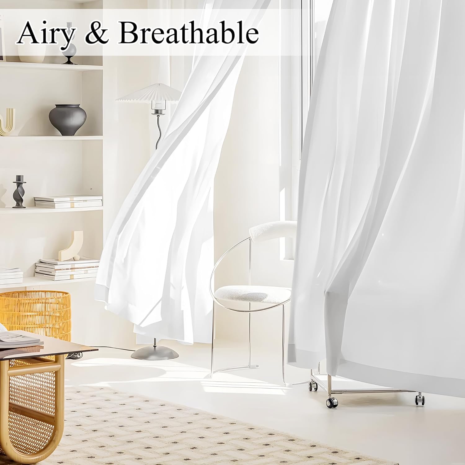 Flowing white sheer window curtains in a bright, modern room, emphasizing their airy and breathable texture.