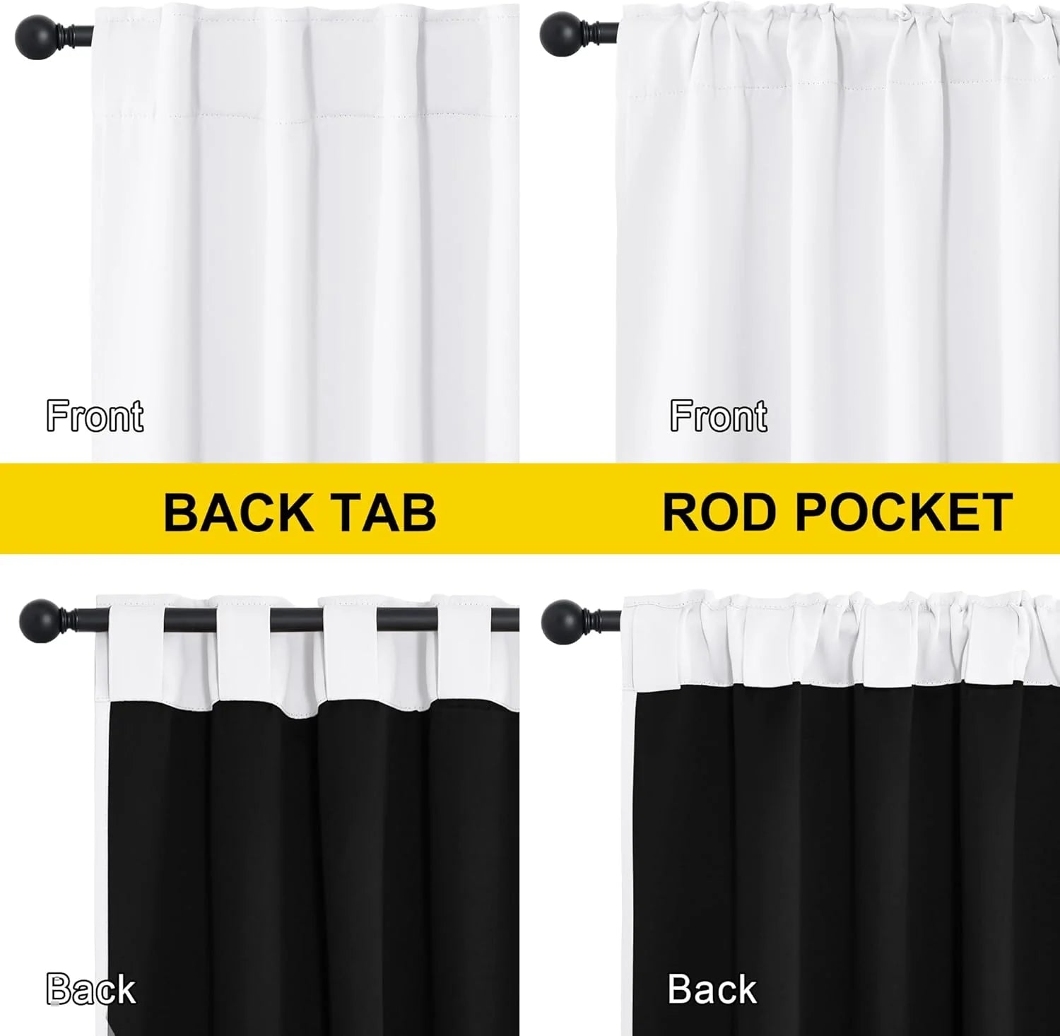 White and black curtain header comparison showing back tab and rod pocket styles