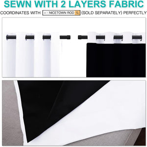 White and black two-layer grommet curtains on a rod. Close-up highlights the distinct inner black and outer white fabric.