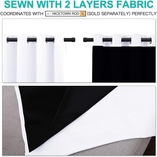 White and black two-layer grommet curtains on a rod. Close-up highlights the distinct inner black and outer white fabric.