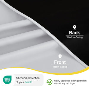 Close-up of dual-sided blackout curtain fabric with white room-facing front and black window-facing back.